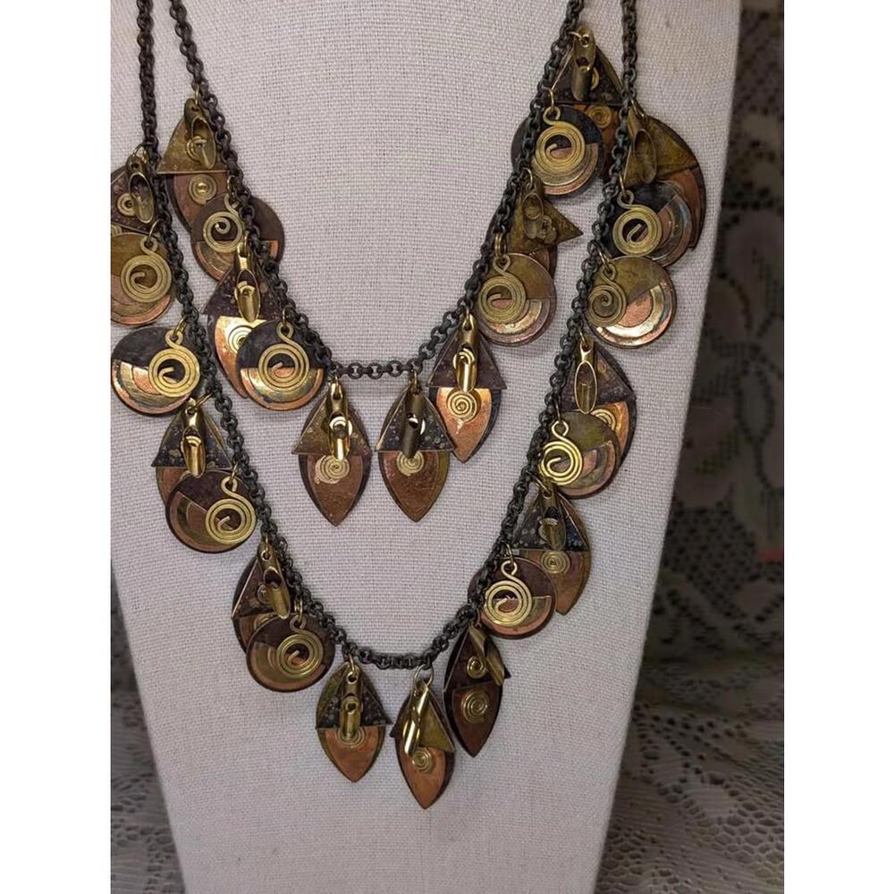 Mixed Metal Layered Charm Necklace Vintage Bold Statement Art Modernist Boho